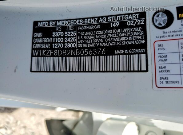 W1KZF8DB2NB056376 2022 MERCEDES-BENZ E White Widok naklejki z numerem VIN