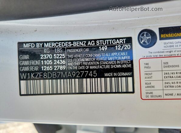 W1KZF8DB7MA927745 2021 MERCEDES-BENZ E White VIN კოდის სტიკერის ხედი