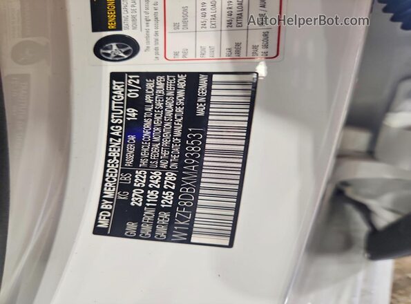 W1KZF8DBXMA938531 2021 MERCEDES-BENZ E White Vista de la etiqueta del VIN