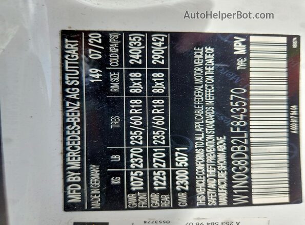 W1N0G8DB2LF843570 2020 MERCEDES-BENZ GLC-CLASS White Widok wnętrza 360 stopni