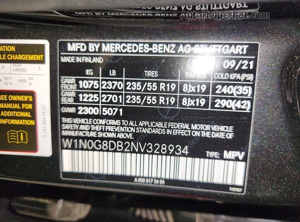 W1N0G8DB2NV328934 2022 MERCEDES-BENZ GLC-CLASS Gray VIN կոդի պիտակի տեսք