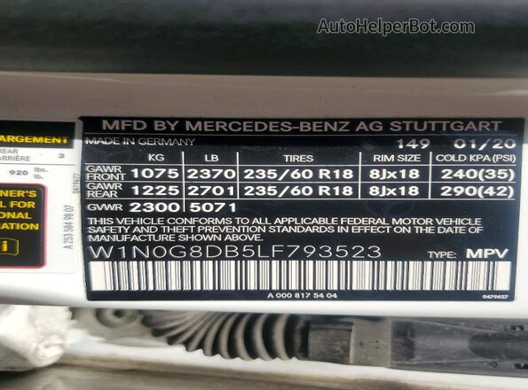 W1N0G8DB5LF793523 2020 MERCEDES-BENZ GLC-CLASS White Вид наклейки з VIN-кодом