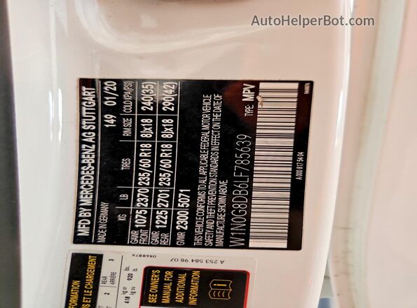 W1N0G8DB6LF785639 2020 MERCEDES-BENZ GLC-CLASS White Widok naklejki z numerem VIN
