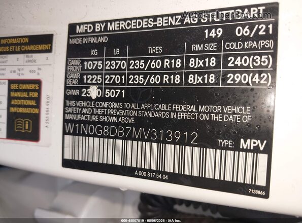 W1N0G8DB7MV313912 2021 MERCEDES-BENZ GLC 300 White Вид підкапотного простору