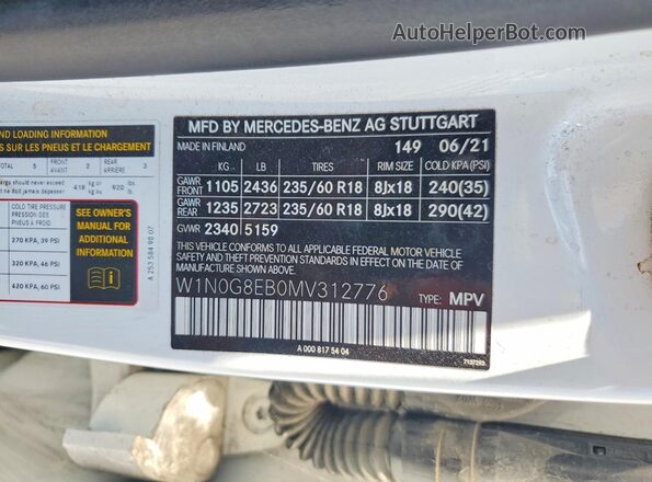 W1N0G8EB0MV312776 2021 MERCEDES-BENZ GLC-CLASS White Vista de la etiqueta del VIN