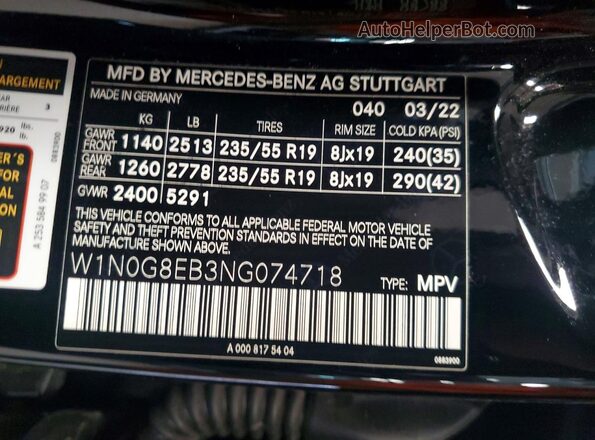 W1N0G8EB3NG074718 2022 MERCEDES-BENZ GLC-CLASS Black Vista de la etiqueta del VIN