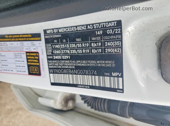 W1N0G8EB6NG078374 2022 MERCEDES-BENZ GLC-CLASS Белый Вид наклейки с VIN-кодом
