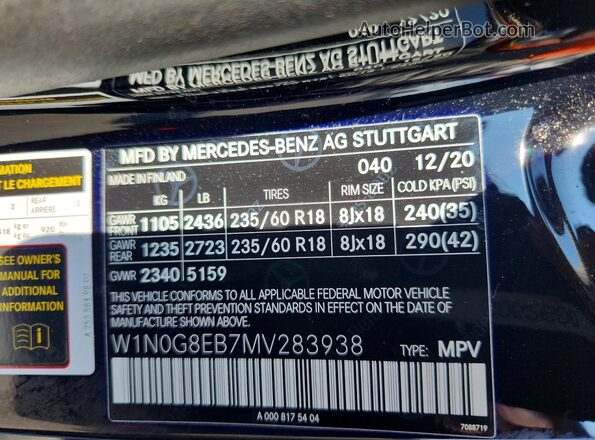 W1N0G8EB7MV283938 2021 MERCEDES-BENZ GLC-CLASS Black Vista de la etiqueta del VIN