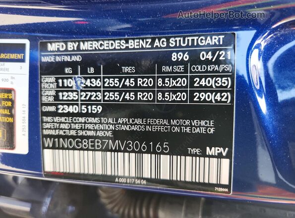 W1N0G8EB7MV306165 2021 MERCEDES-BENZ GLC-CLASS Blue Vista de la etiqueta del VIN