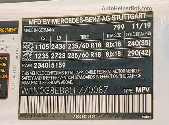 W1N0G8EB8LF770087 2020 MERCEDES-BENZ GLC-CLASS White Widok naklejki z numerem VIN