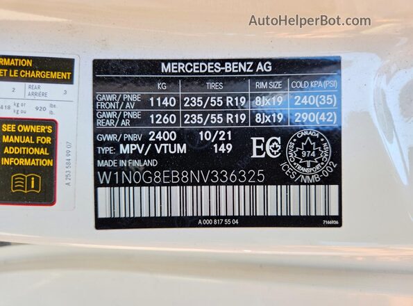 W1N0G8EB8NV336325 2022 MERCEDES-BENZ GLC-CLASS Белый Панорамный вид салона 360°
