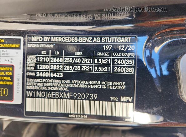 W1N0J6EBXMF920739 2021 MERCEDES-BENZ GLC-CLASS Black VIN კოდის სტიკერის ხედი