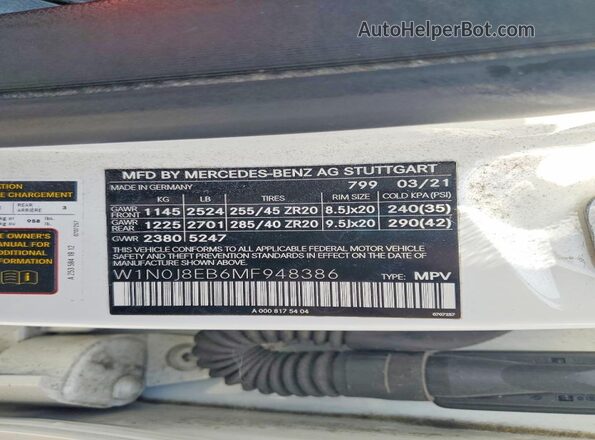 W1N0J8EB6MF948386 2021 MERCEDES-BENZ GLC-CLASS White Widok naklejki z numerem VIN