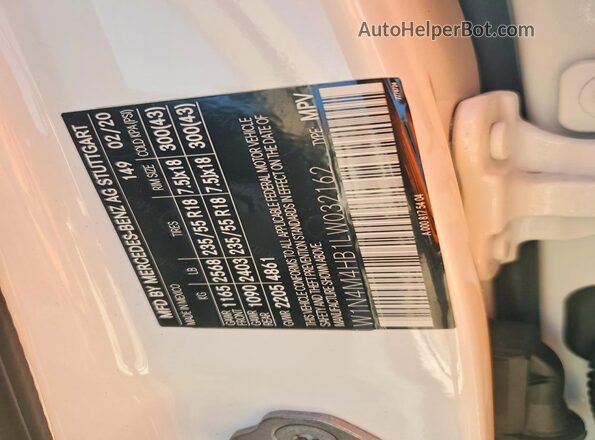 W1N4M4HB1LW032162 2020 MERCEDES-BENZ GLB-CLASS White VIN sticker view