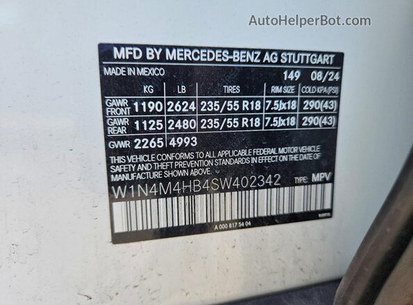 W1N4M4HB4SW402342 2025 MERCEDES-BENZ GLB-CLASS White VIN კოდის სტიკერის ხედი