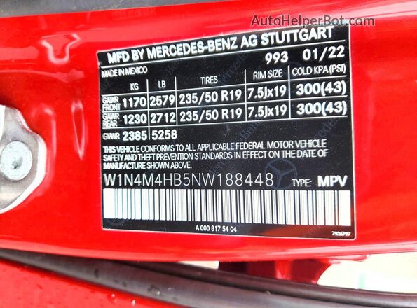 W1N4M4HB5NW188448 2022 MERCEDES-BENZ GLB-CLASS Red VIN კოდის სტიკერის ხედი