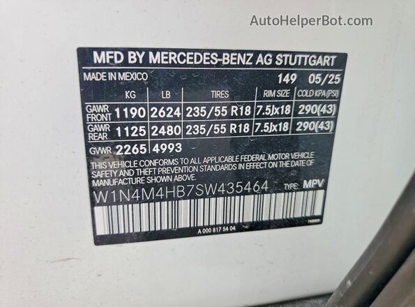 W1N4M4HB7SW435464 2025 MERCEDES-BENZ GLB-CLASS White Вид наклейки з VIN-кодом