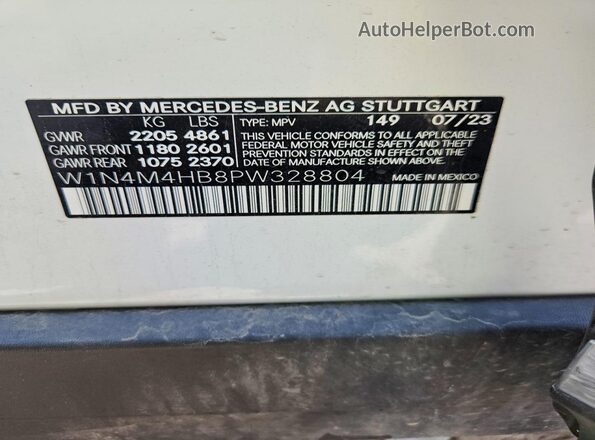 W1N4M4HB8PW328804 2023 MERCEDES-BENZ GLB-CLASS White VIN კოდის სტიკერის ხედი