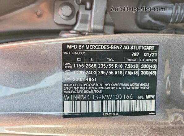 W1N4M4HB9MW109166 2021 MERCEDES-BENZ GLB-CLASS Gray Vista de la etiqueta del VIN