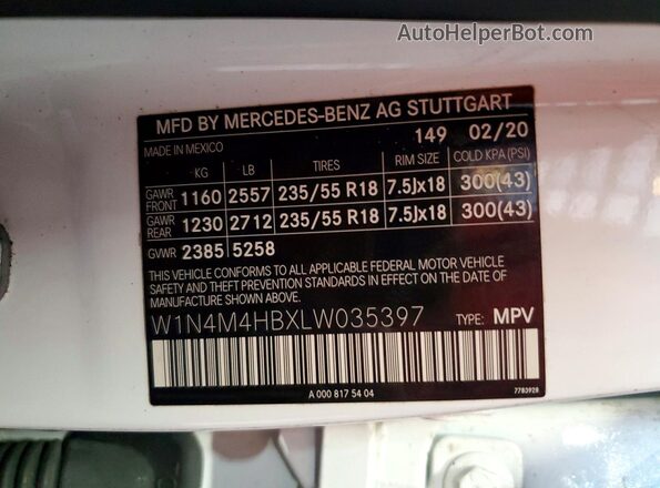 W1N4M4HBXLW035397 2020 MERCEDES-BENZ GLB-CLASS White Widok naklejki z numerem VIN