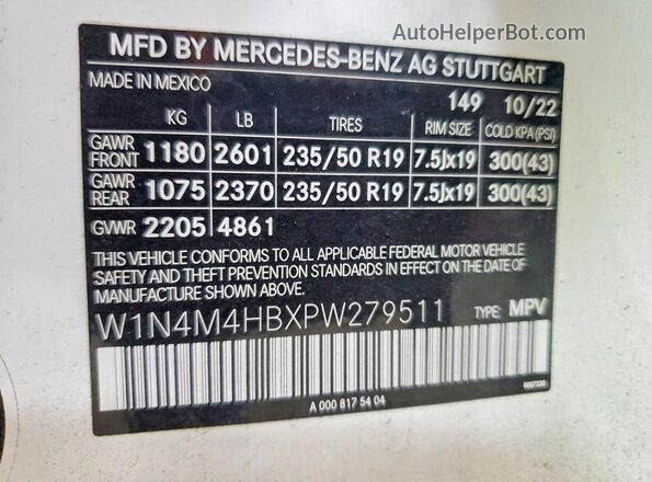 W1N4M4HBXPW279511 2023 MERCEDES-BENZ GLB-CLASS White Vista interior de 360 grados