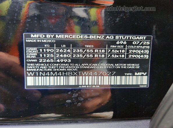 W1N4M4HBXTW447027 2026 MERCEDES-BENZ GLB-CLASS Черный Вид наклейки с VIN-кодом