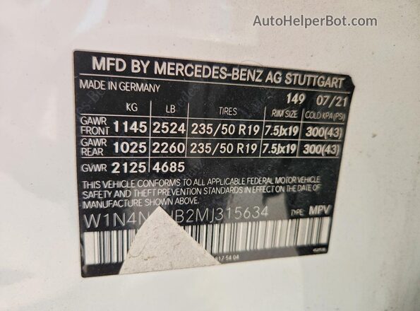 W1N4N4HB2MJ315634 2021 MERCEDES-BENZ GLA White VIN sticker view