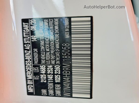 W1N4N4HB9MJ185058 2021 MERCEDES-BENZ GLA White VIN კოდის სტიკერის ხედი