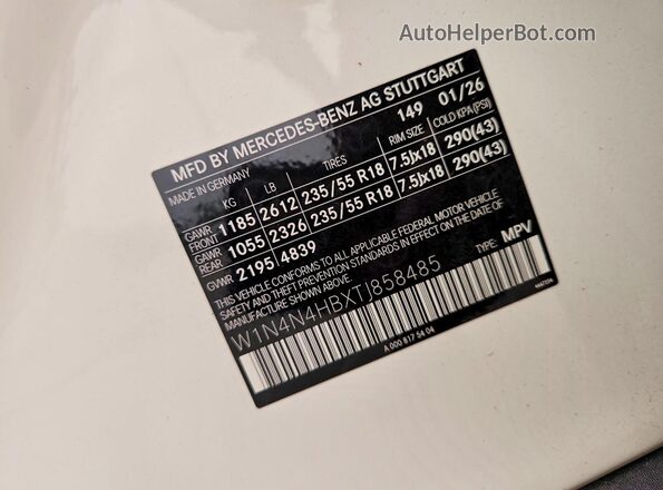 W1N4N4HBXTJ858485 2026 MERCEDES-BENZ GLA Белый Вид наклейки с VIN-кодом
