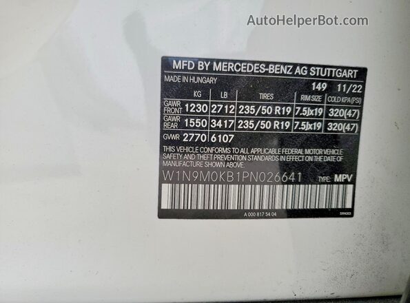 W1N9M0KB1PN026641 2023 MERCEDES-BENZ EQB White VIN կոդի պիտակի տեսք