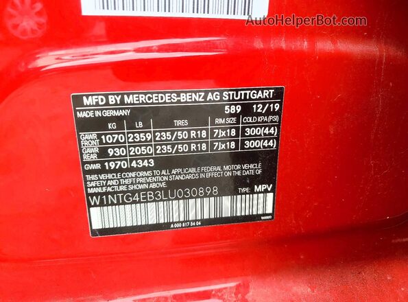 W1NTG4EB3LU030898 2020 MERCEDES-BENZ GLA Red Widok naklejki z numerem VIN
