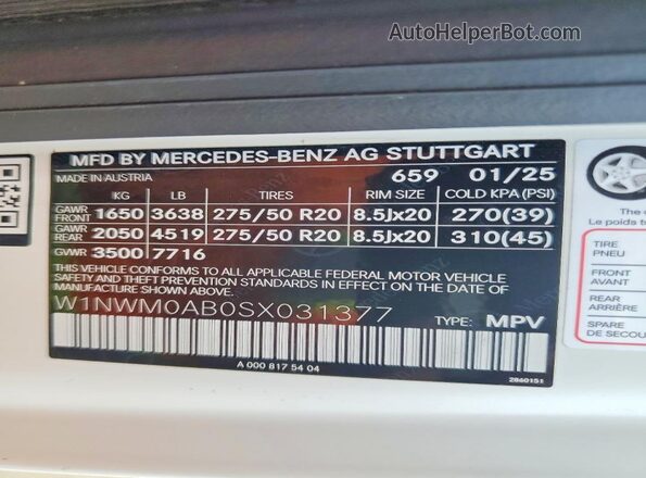 W1NWM0AB0SX031377 2025 MERCEDES-BENZ G-CLASS White VIN sticker view