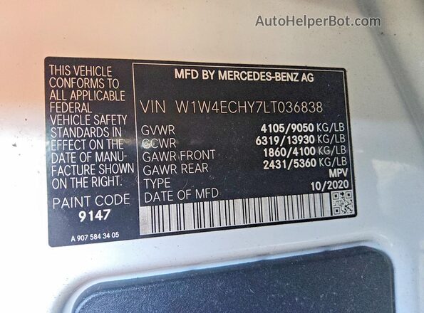 W1W4ECHY7LT036838 2020 MERCEDES-BENZ SPRINTER White Вид наклейки з VIN-кодом
