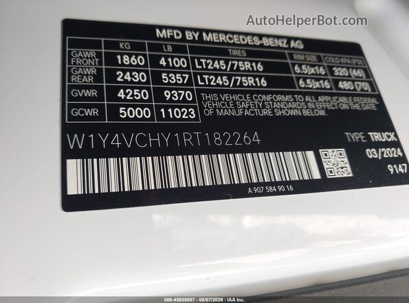 W1Y4VCHY1RT182264 2024 MERCEDES-BENZ SPRINTER White VIN կոդի պիտակի տեսք