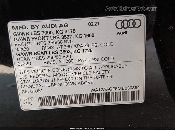 WA12AAGE8MB030364 2021 AUDI E-TRON Black ძრავის განყოფილების ხედი