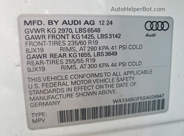 WA134BGF5SA026947 2025 AUDI OTHER White VIN sticker view