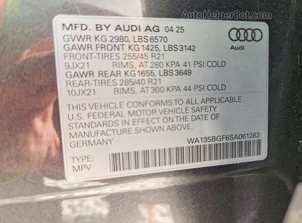 WA135BGF6SA061283 2025 AUDI SQ6 Gray Vista de la etiqueta del VIN