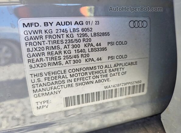 WA142BFZ9PP027450 2023 AUDI Q4 Gray VIN sticker view