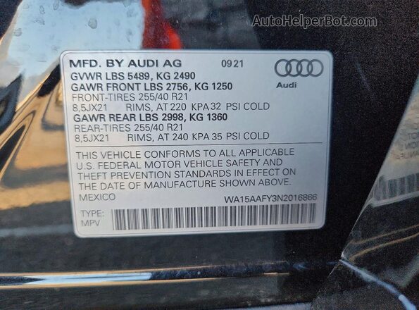 WA15AAFY3N2016866 2022 AUDI Q5 Black Панорамний вид салону 360°