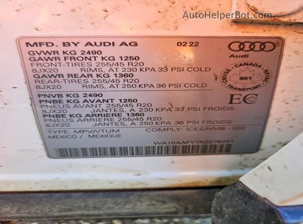 WA16AAFY7N2076251 2022 AUDI Q5 White Vista de la etiqueta del VIN