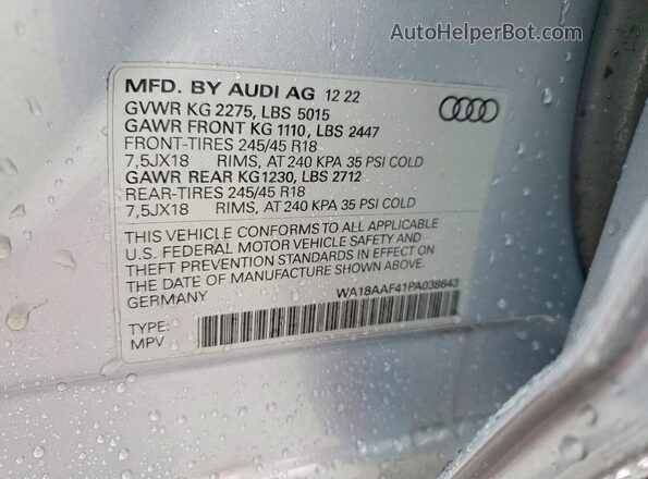 WA18AAF41PA038643 2023 AUDI A4 Silver Vista de la etiqueta del VIN