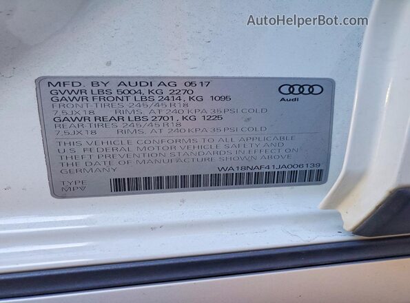 WA18NAF41JA006139 2018 AUDI A4 White VIN կոդի պիտակի տեսք