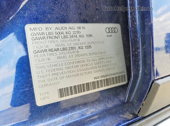 WA18NAF42HA050404 2017 AUDI A4 Blue Engine compartment view
