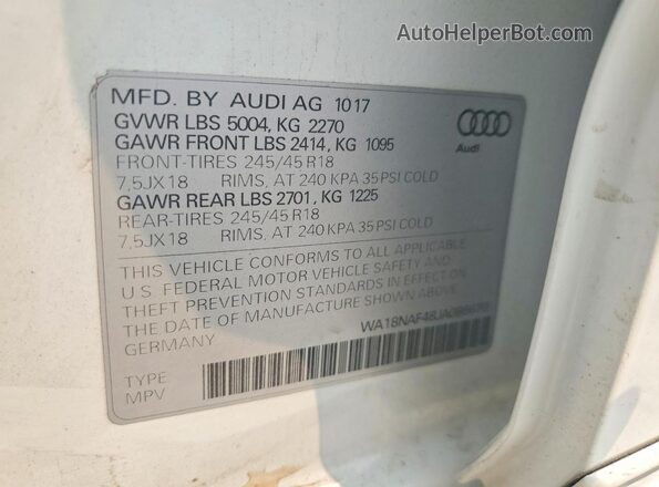 WA18NAF48JA086670 2018 AUDI A4 White VIN sticker view