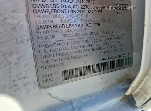 WA18NAF49JA023142 2018 AUDI A4 White ძრავის განყოფილების ხედი