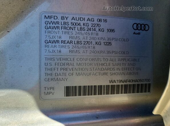 WA19NAF40HA050700 2017 AUDI A4 Silver Вид наклейки з VIN-кодом