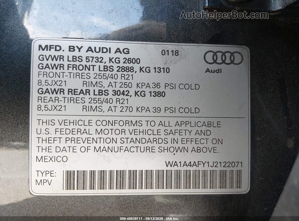 WA1A4AFY1J2122071 2018 AUDI SQ5 Gray Вид підкапотного простору