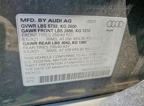 WA1A4AFY2J2009651 2018 AUDI SQ5 Gray VIN კოდის სტიკერის ხედი