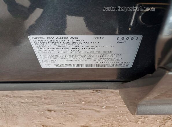 WA1A4AFY4J2190171 2018 AUDI SQ5 Gray Вид наклейки з VIN-кодом