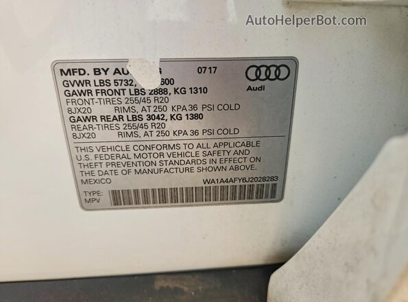 WA1A4AFY6J2028283 2018 AUDI SQ5 White VIN կոդի պիտակի տեսք